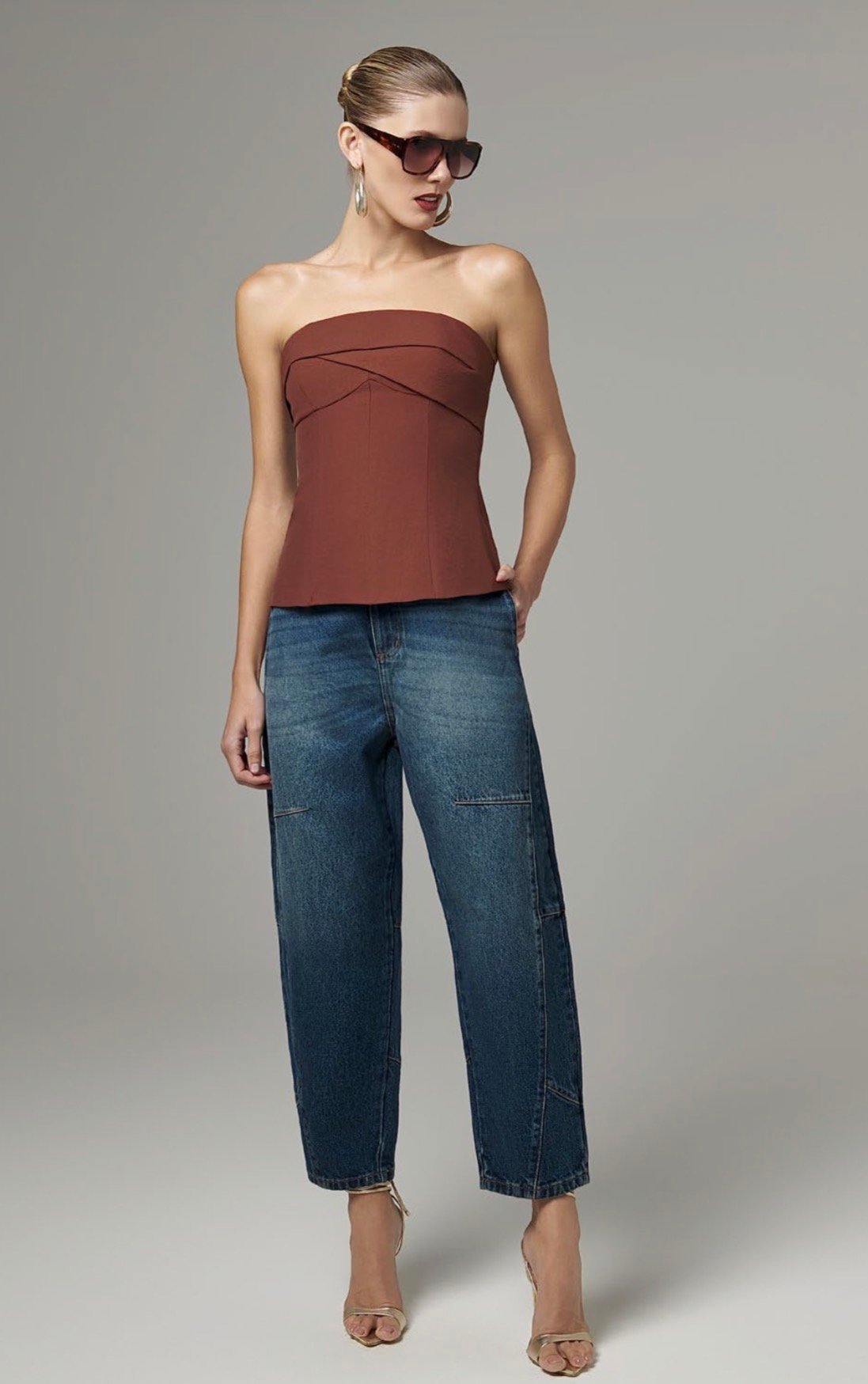 Calça Barril Recortes Jeans