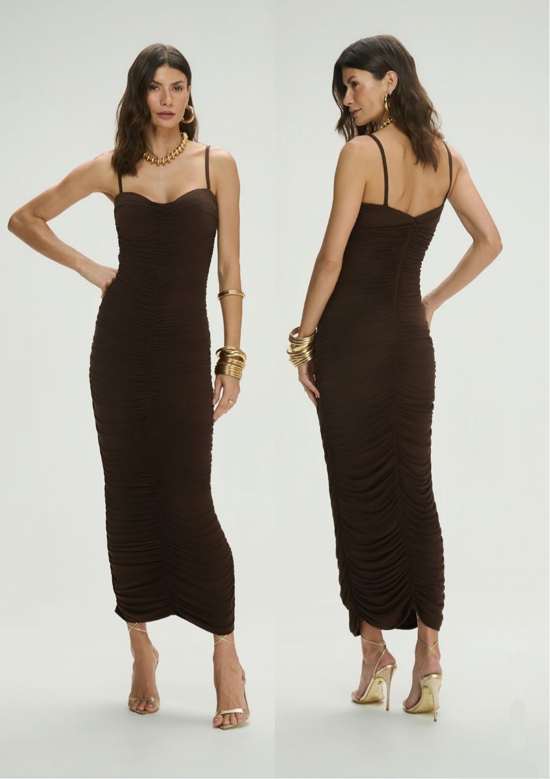 Vestido Maxi Mídi Alças Finas Franzido