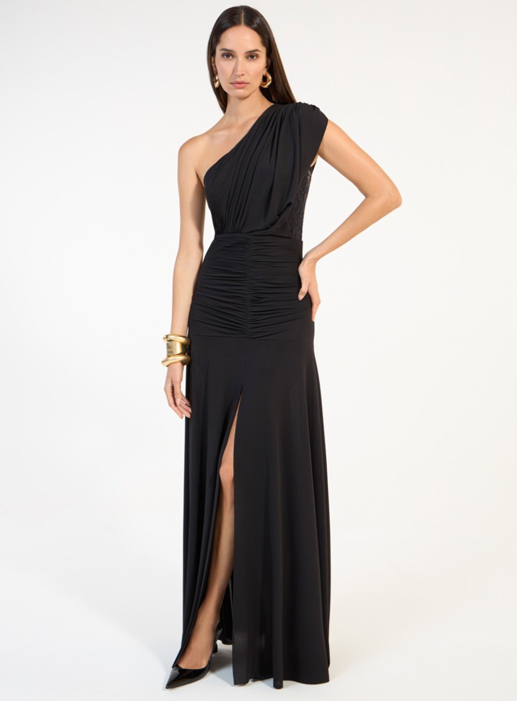 Vestido Drapeado Detalhe Renda
