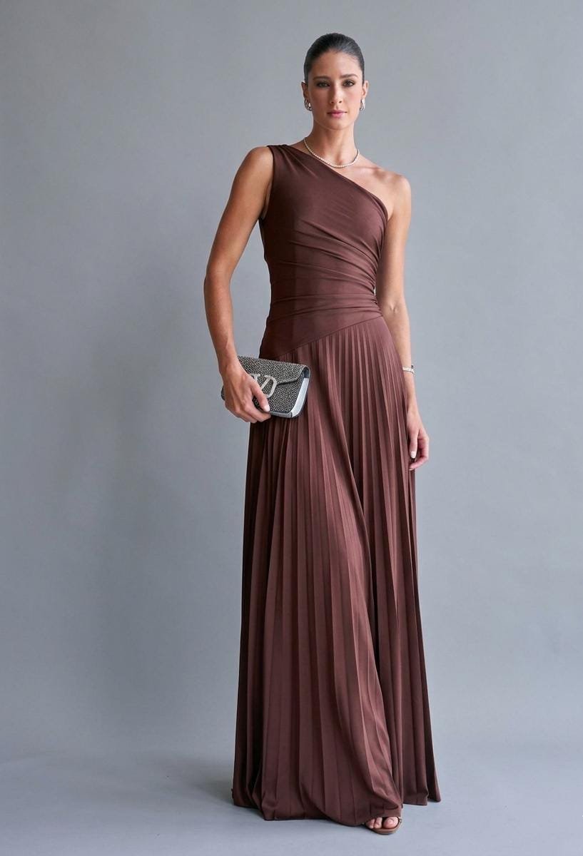 Vestido Malha Um Ombro Saia Plissada