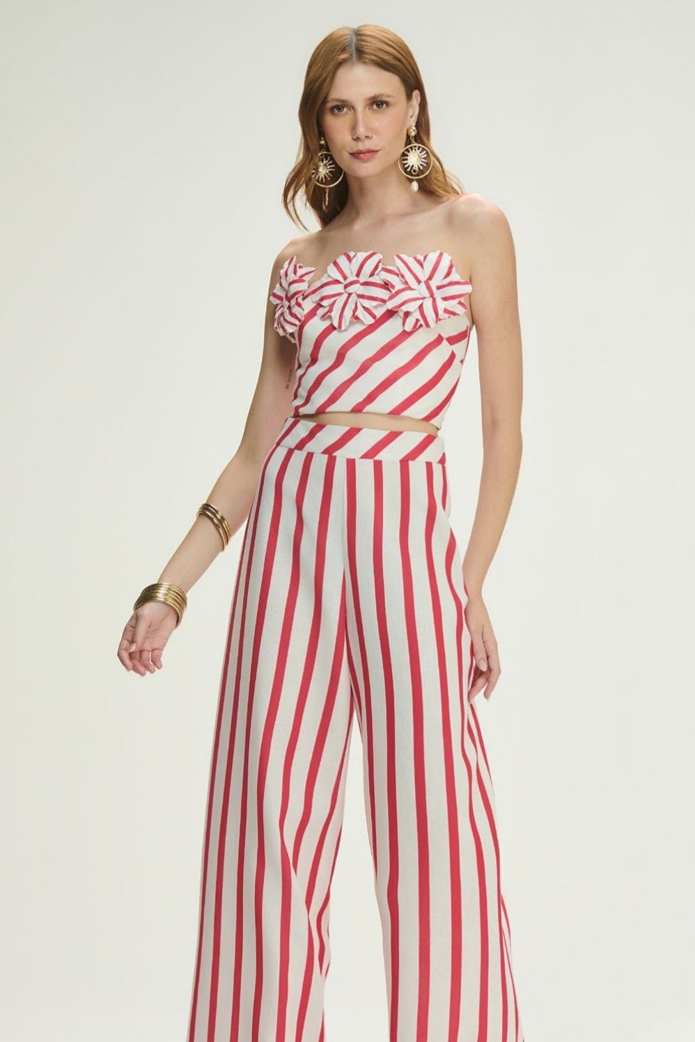 Conjunto Cropped Calça Wide Leg Listra