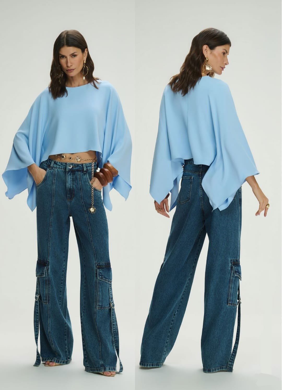 Calça Wide Leg Bolsos Cargo Jeans