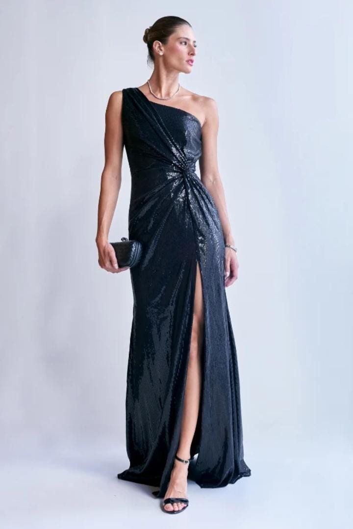 Vestido Longo Paetê Um Ombro Nó Cintura