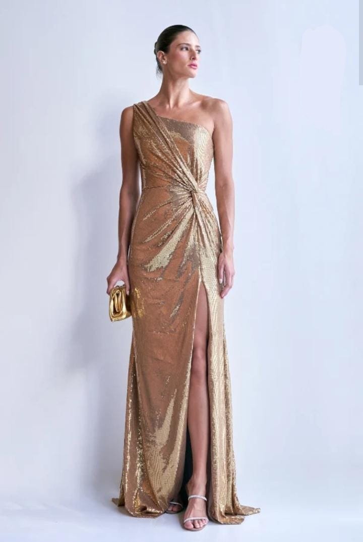 Vestido Longo Paetê Um Ombro Nó Cintura