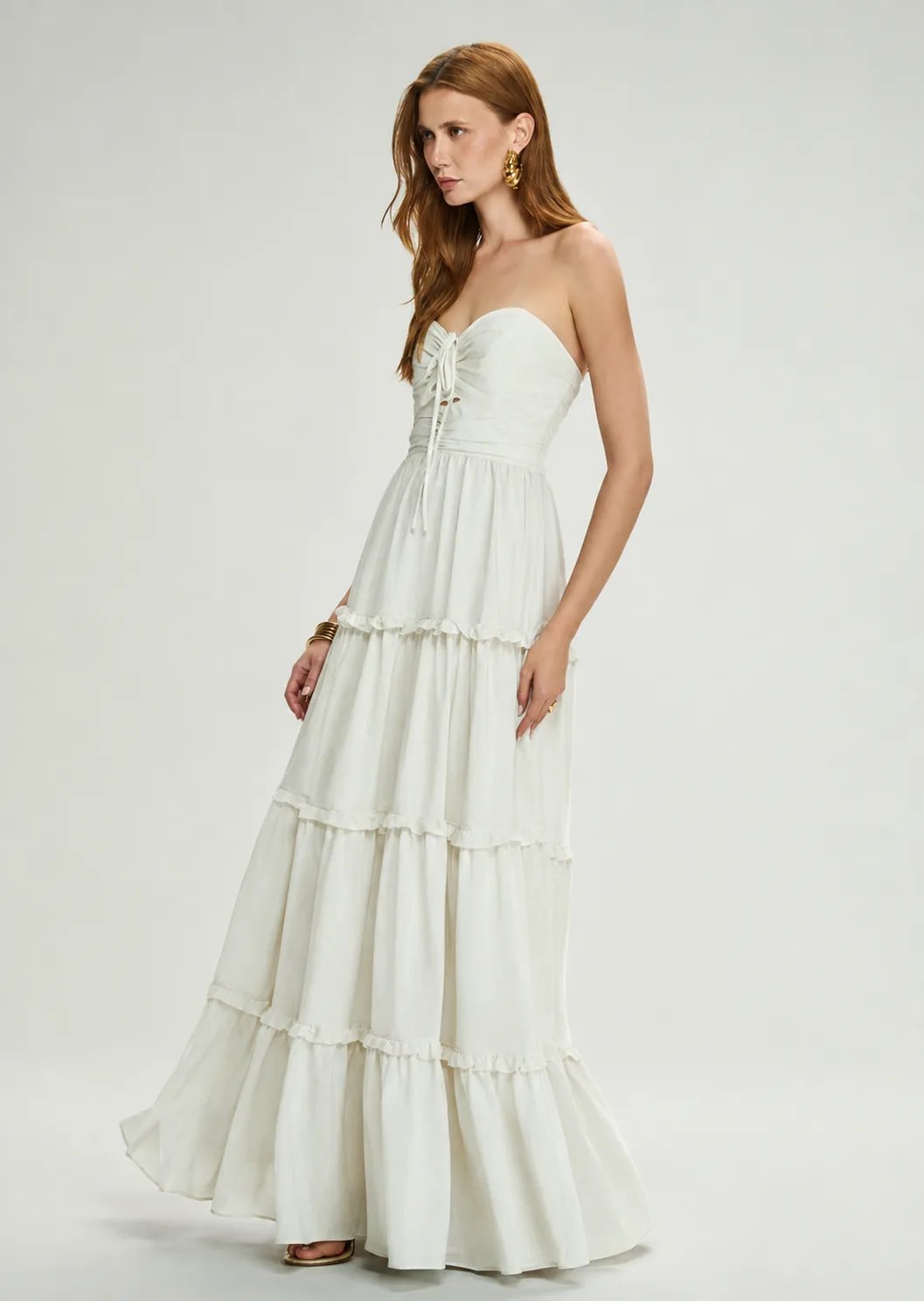 Vestido Longo Recortes Babado
