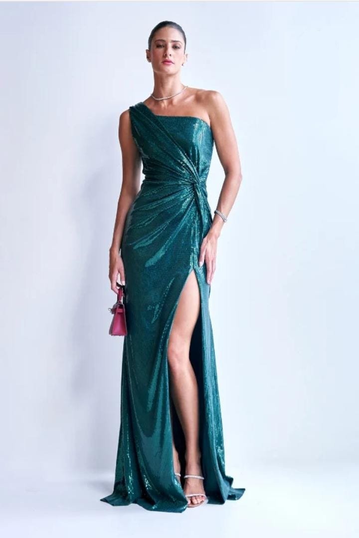 Vestido Longo Paetê Um Ombro Nó Cintura