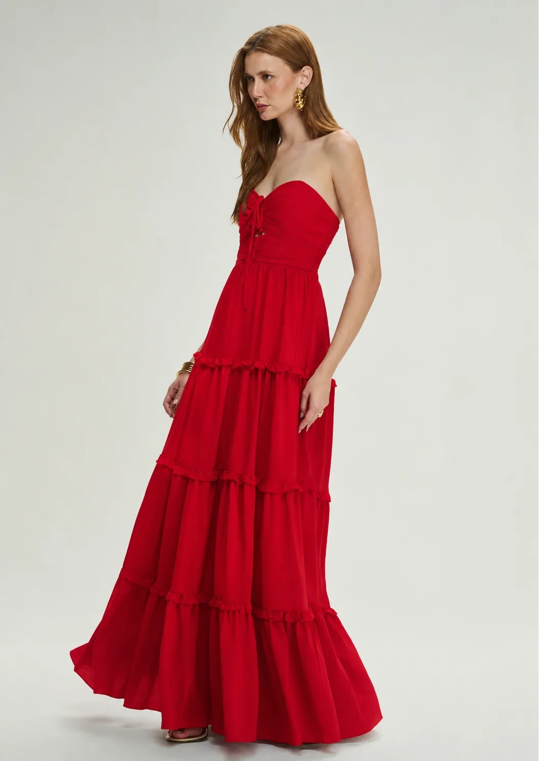 Vestido Longo Recortes Babado